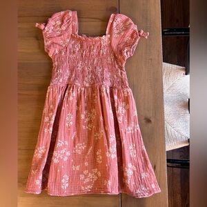 Girls Pink Floral Smocked Short Sleeve Dress
